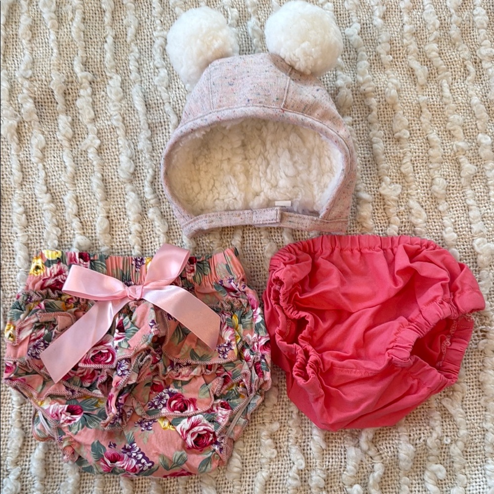 Floral and Pink Baby Bloomers Set with Pom-Pom Hat